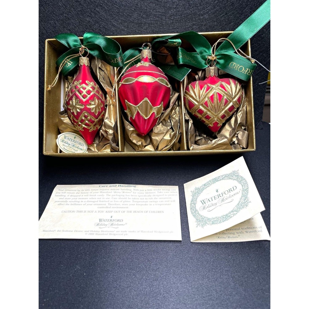 Vintage 1999 Waterford Yuletide 3pce Glass Blown Ornaments in Original Box Rare!